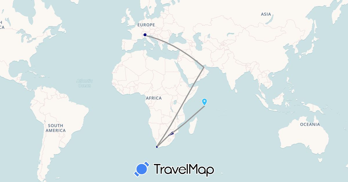 TravelMap itinerary: driving, plane, boat in United Arab Emirates, Italy, Seychelles, South Africa (Africa, Asia, Europe)